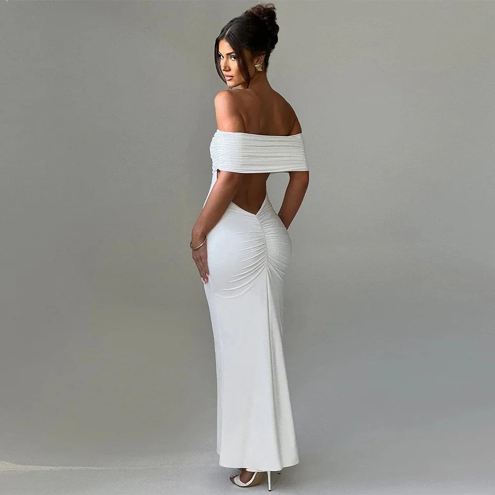 Women’s Off-Shoulder Backless Dress – Elegant Pleated High Slit Evening Party Dress