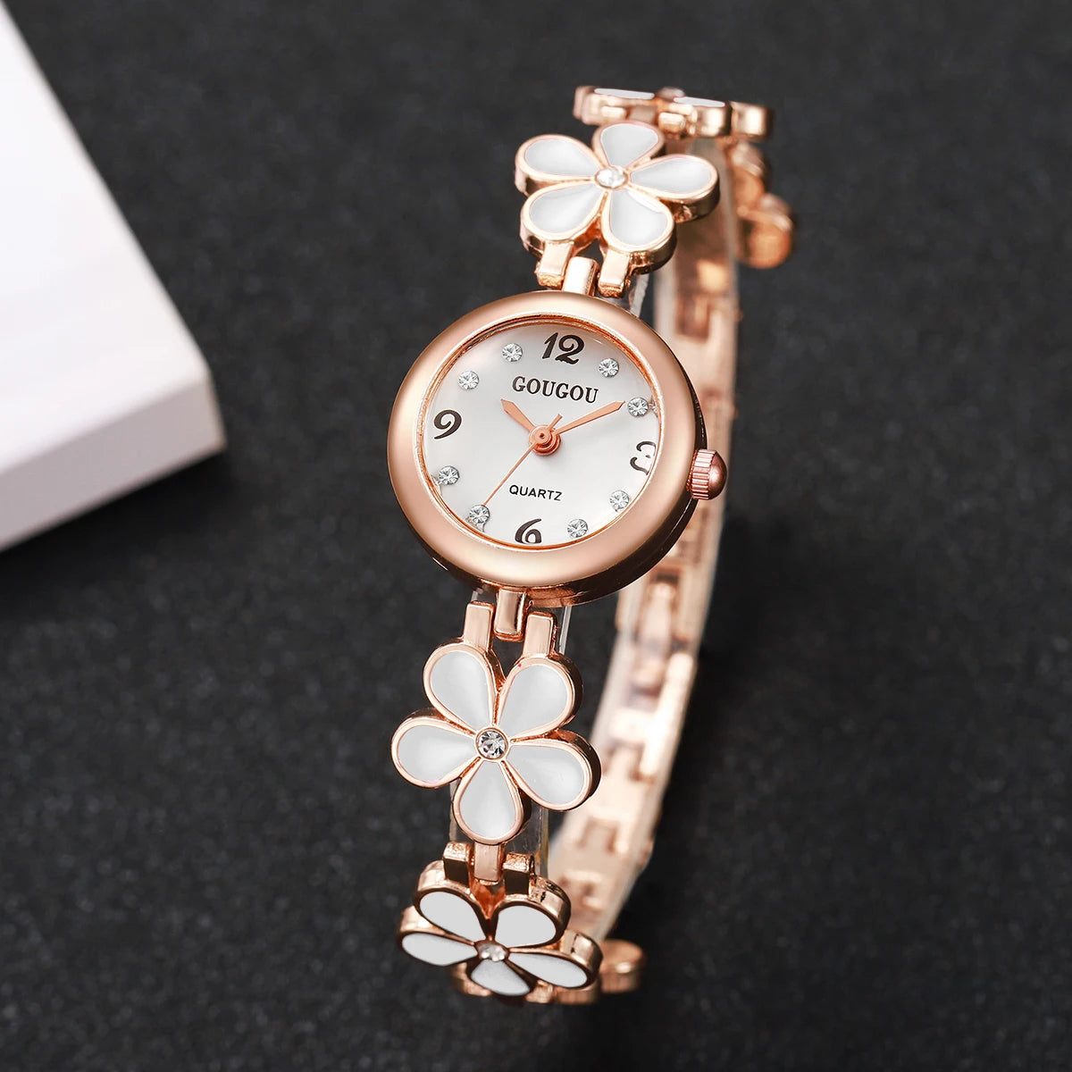 Women’s Flower Strap Quartz Watch | Arabic Numerals | Diamond Look | Elegant