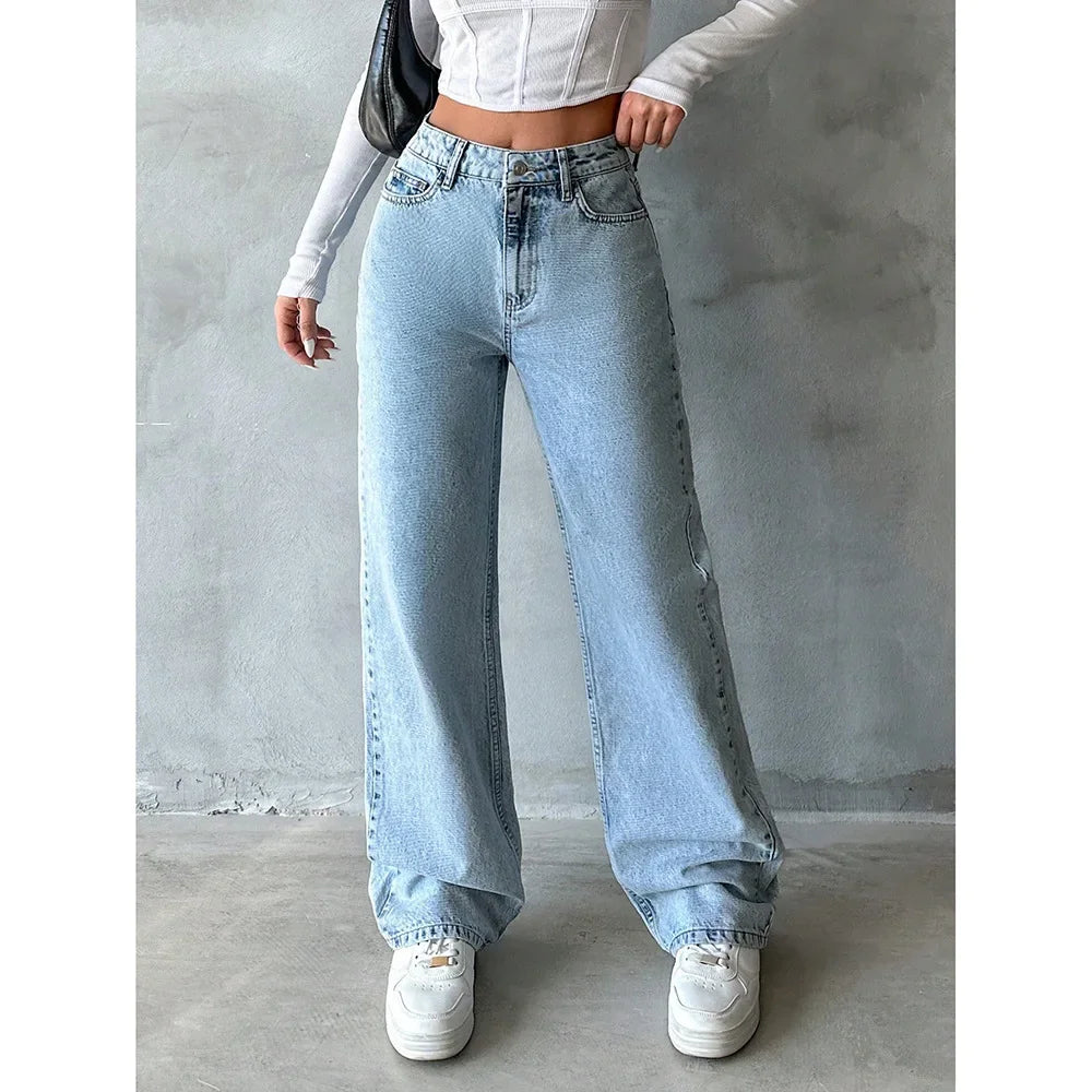 Women’s Wide Leg Jeans – High Waist Vintage Washed Denim Pants Bottom
