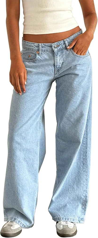 Women’s Jeans Bottom – Low Waist Straight Denim Pants with Pockets Casual Y2K Streetwear