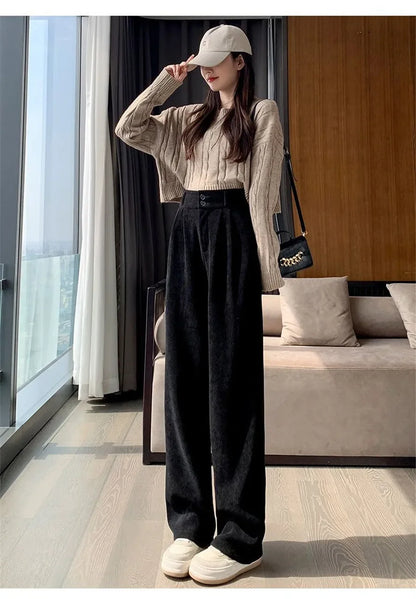 Women’s High Waist Warm Wide Leg Pants Bottom – Winter Thick Velvet