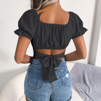 Women’s Square Neck Top | Sexy Summer Ruffle Crop Top | Solid Short Sleeve Y2K Slim Fit