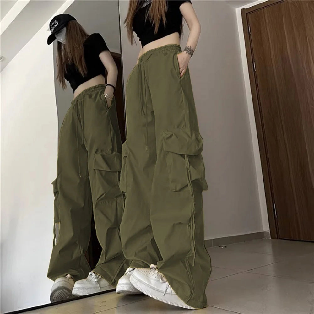 Women’s Vintage Cargo Sweatpants Bottom – Elastic Waist Oversized Wide Leg Baggy Trousers, Retro Streetwear Fashion
