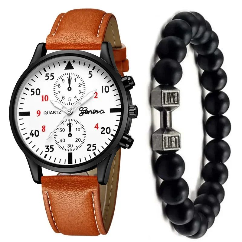 Men’s Luxury Watch Jewelry Set – Leather Strap Fashion Wristwatches Gift Pack with bracelet