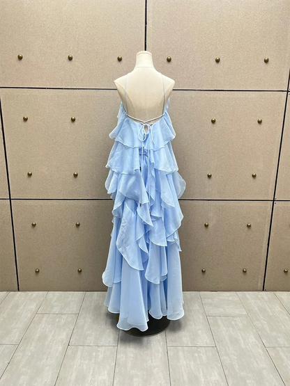 Women’s Floral Pleated Backless Maxi Dress – Beach Style Camisole Elegant Dress