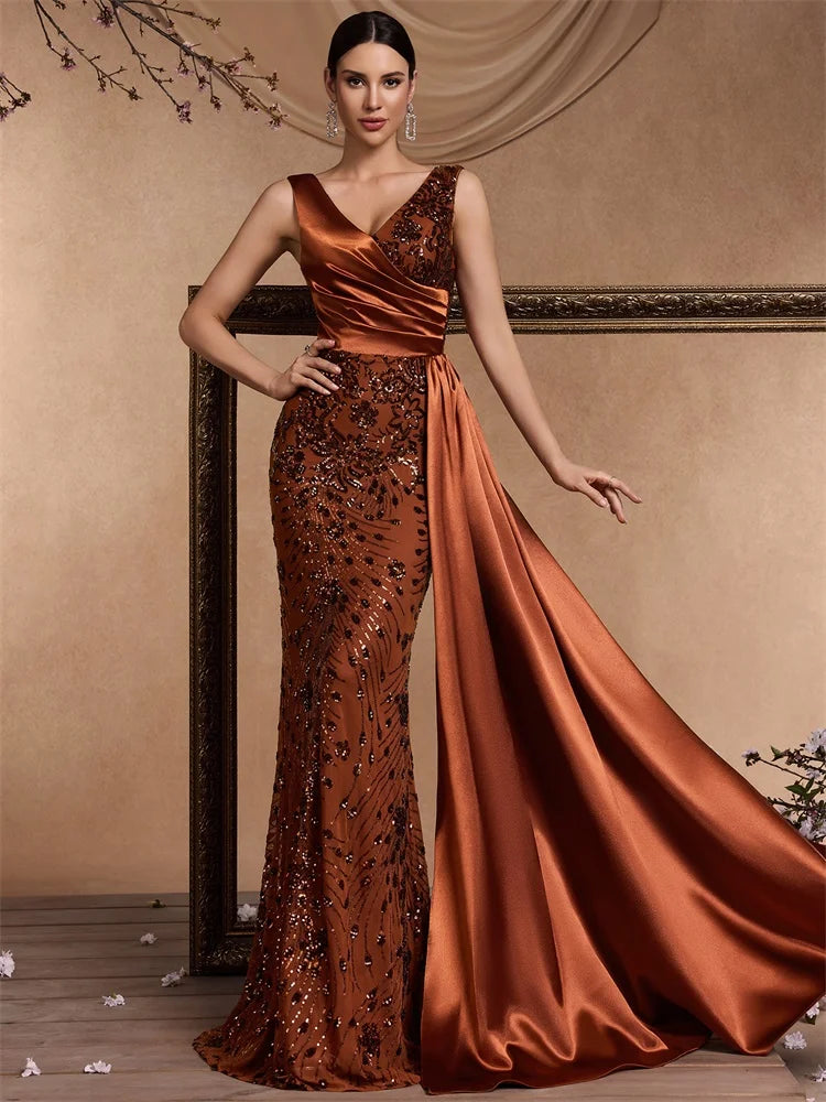 Women’s Sequin Mermaid Evening Maxi Dress – Elegant V-Neck Sleeveless Formal Gown