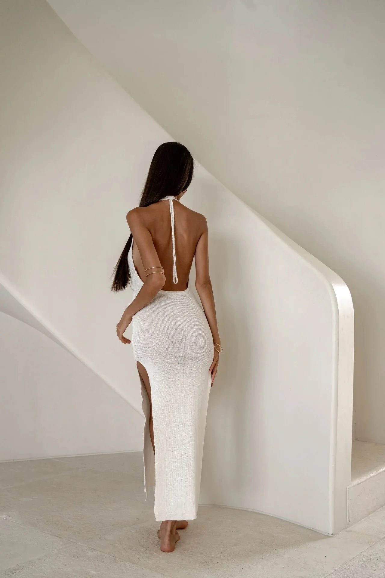 Women’s Backless Knitted Halter Maxi Dress – Elegant Sleeveless High Split Summer Dress