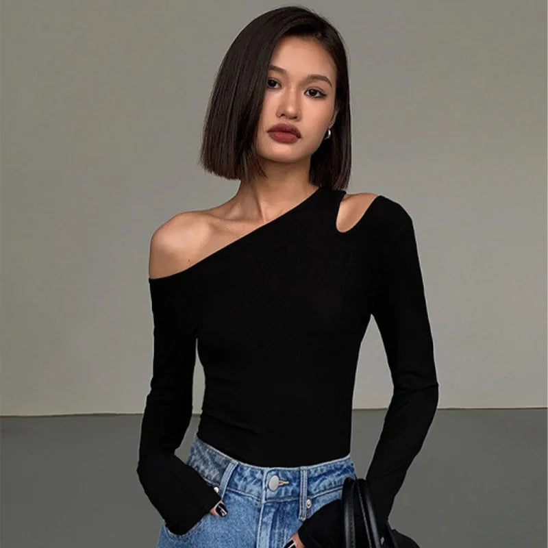 Women’s Fashion Skew Collar Off-Shoulder Long Sleeve Crop Top | Slim Fit Sexy Hollow Out Tee | Spring Solid Top