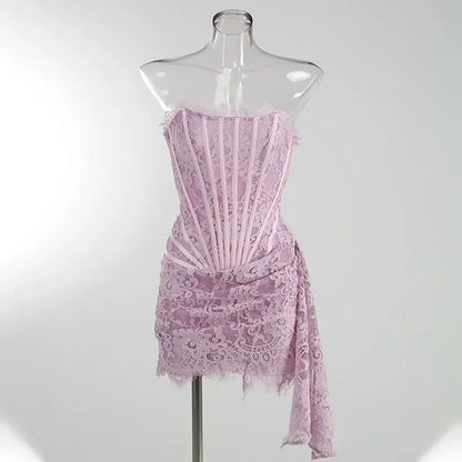 Women’s Strapless Lace Sexy Mini Dress – Elegant Party Sheer Patchwork Slim Fit Gown