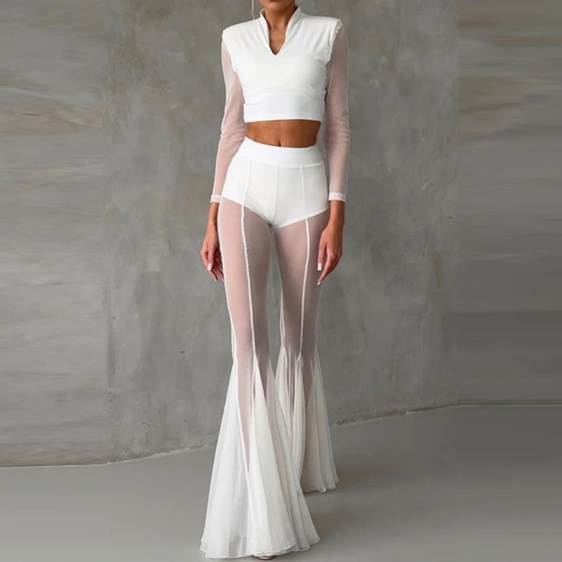 Women’s High Waist Flared Pants – Elegant Slim Fit Patchwork Transparent Bottoms