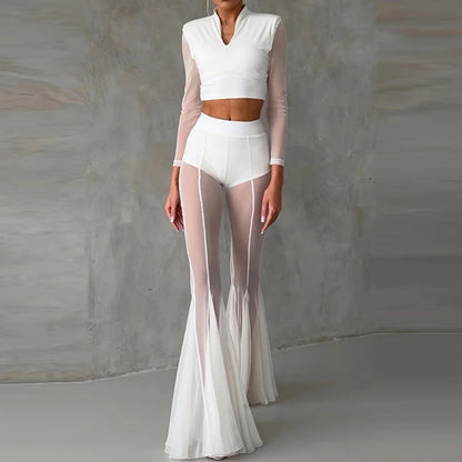 Women’s High Waist Flared Pants – Elegant Slim Fit Patchwork Transparent Bottoms