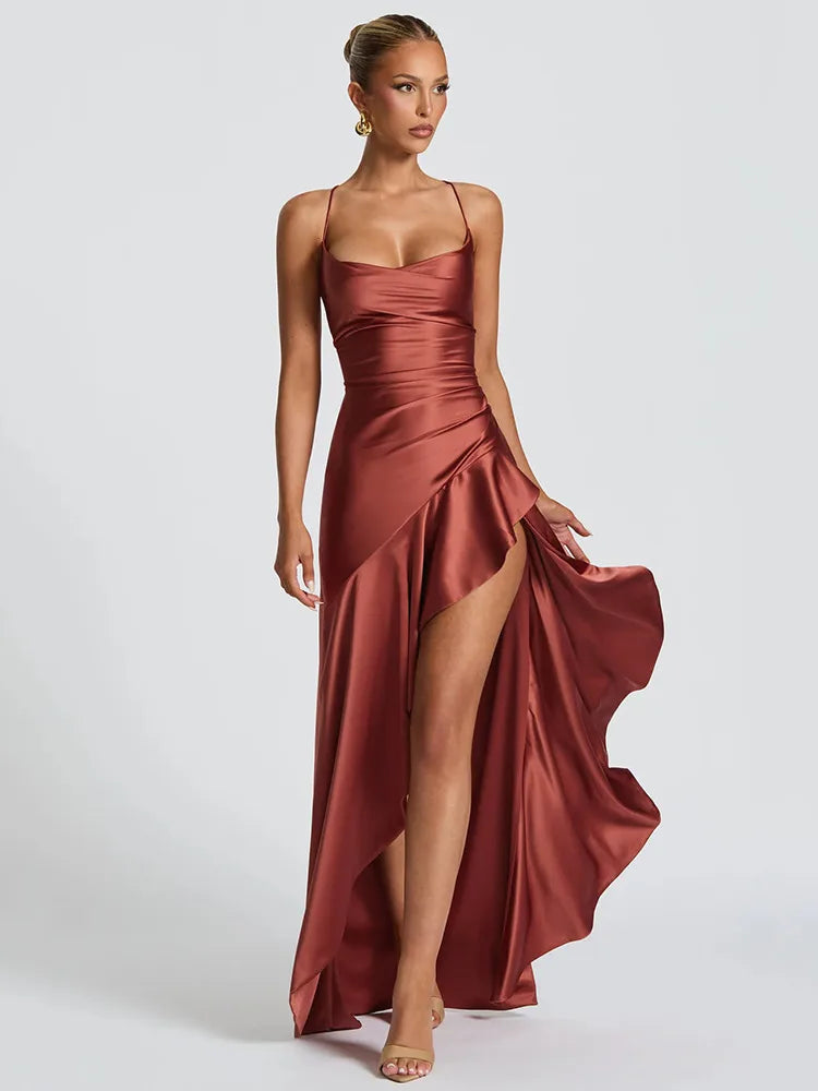 Women’s Satin Spaghetti Strap Maxi Dress – Elegant Split Backless Evening & Party Dress