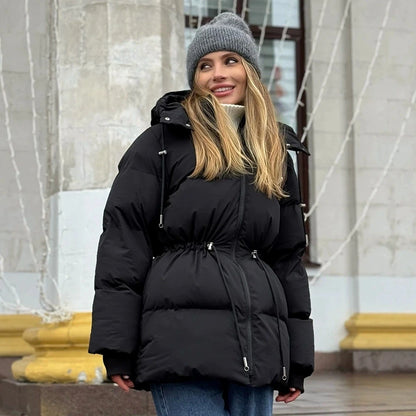 Women’s Hooded Puffer Outerwear – Mid-Length Drawstring Jacket