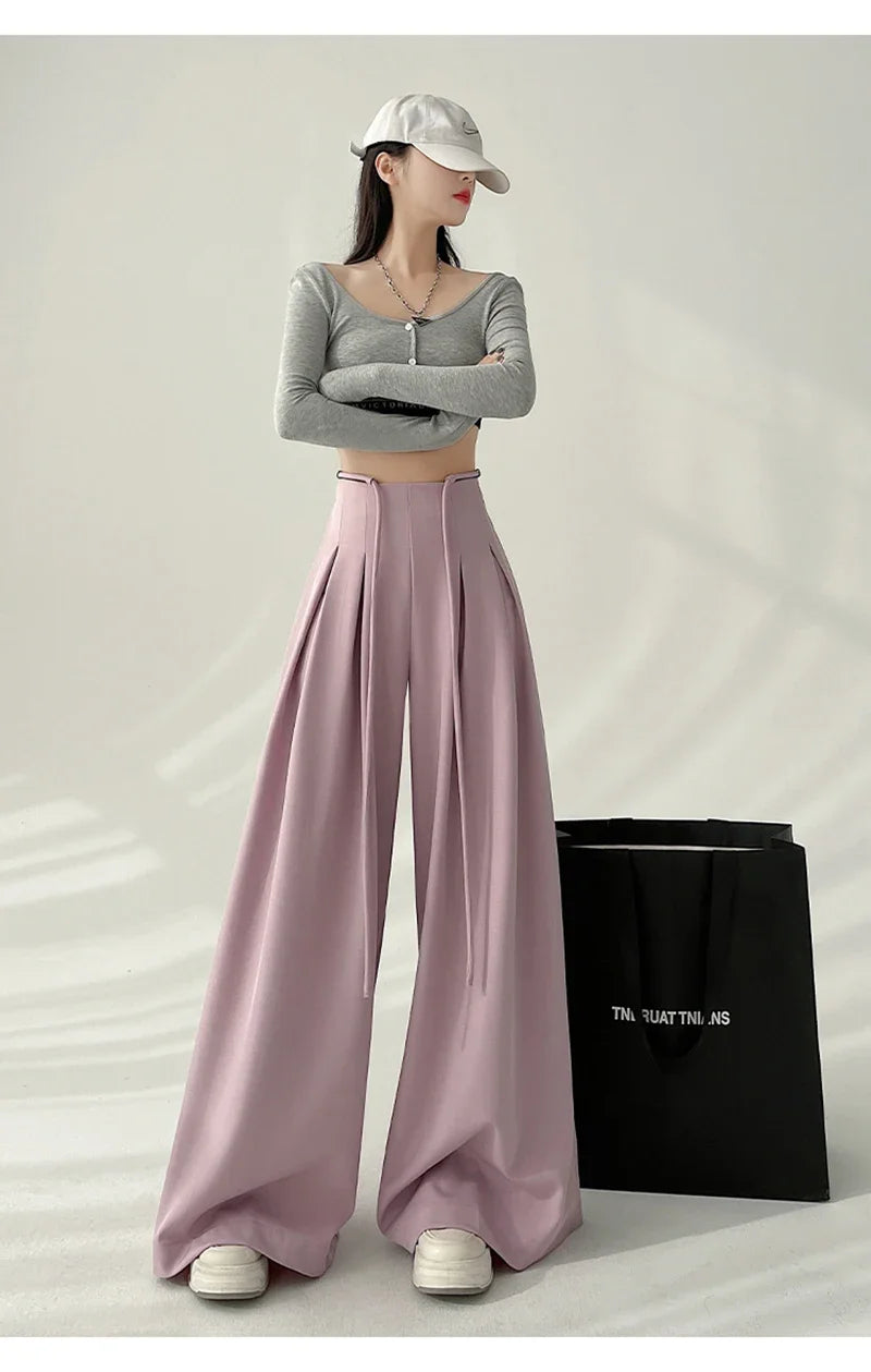 Women’s Streetwear Wide Leg Pants Bottom – Korean High Waist Lace-Up Suit Trousers, Elegant Black Summer Fashion