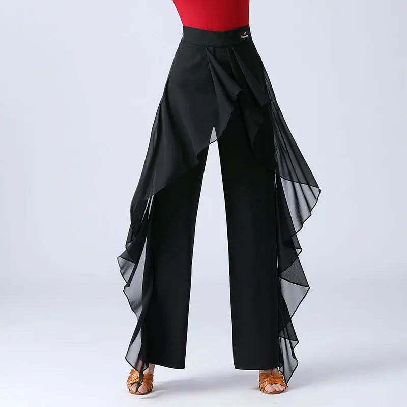 Women’s High-Waist Ruffle Dance Pants – Latin, Tango & Samba Performance Wide-Leg Trousers