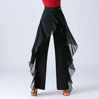 Women’s High-Waist Ruffle Dance Pants – Latin, Tango & Samba Performance Wide-Leg Trousers