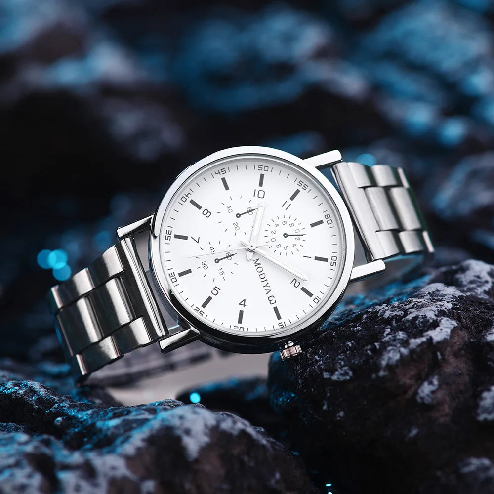Men’s Casual Stainless Steel Watch – Round Dial Luxury Business Wristwatch