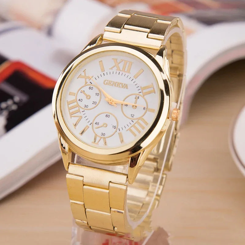 Men’s Light Luxury Watch – Gold Stainless Steel Wristwatch with 3-Eye Dial