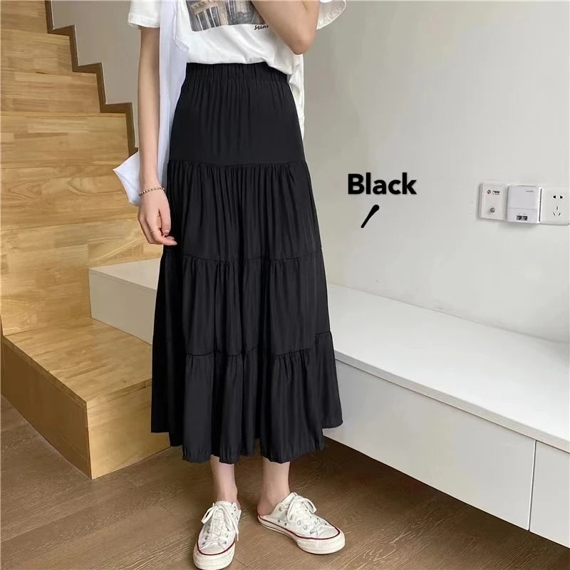 Women’s Vintage Patchwork Long Skirt Bottom – High Waist Elastic A-Line Cake Skirt White Black Chic