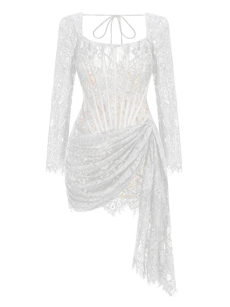 Women’s Strapless Lace Sexy Mini Dress – Elegant Party Sheer Patchwork Slim Fit Gown