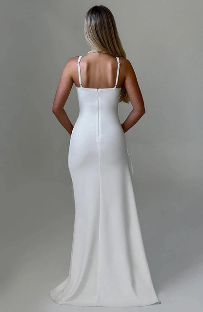 Women’s White Deep V-Neck Maxi Dress – Sexy Suspender High Slit Elegant Evening Gown