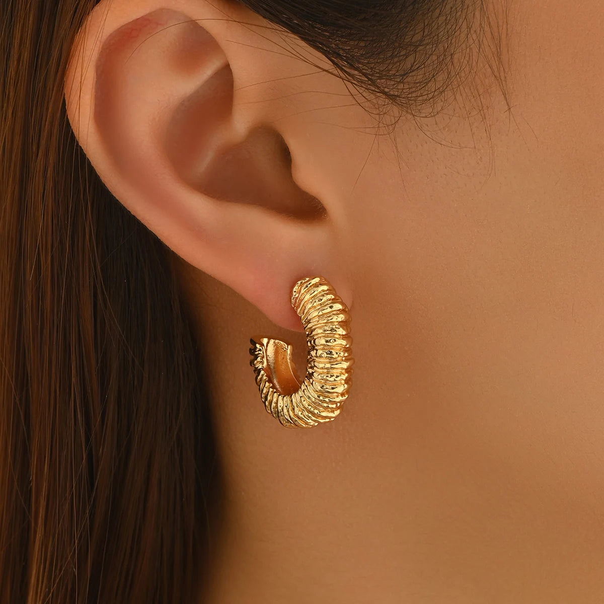 Women’s Jewelry Textured C Hoop Earrings | Elegant | Gold PVD Plated | Party