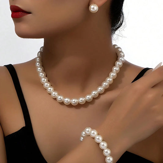 Women’s Minimalist Pearl Jewelry Set – Elegant Necklace, Earrings & Bracelet for Party Accessories