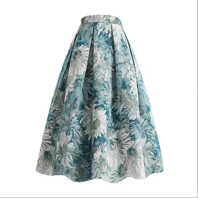 Women’s Sky Blue Floral Painting Skirt Bottom – High Waist A-Line Ball Gown Knee-Length Skirt