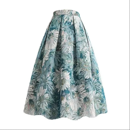Women’s Sky Blue Floral Painting Skirt Bottom – High Waist A-Line Ball Gown Knee-Length Skirt