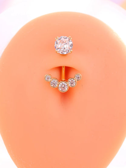 Women’s Gold Stainless Steel Belly Button – Long Dangle Flower CZ Crystal Navel Piercing Jewelry