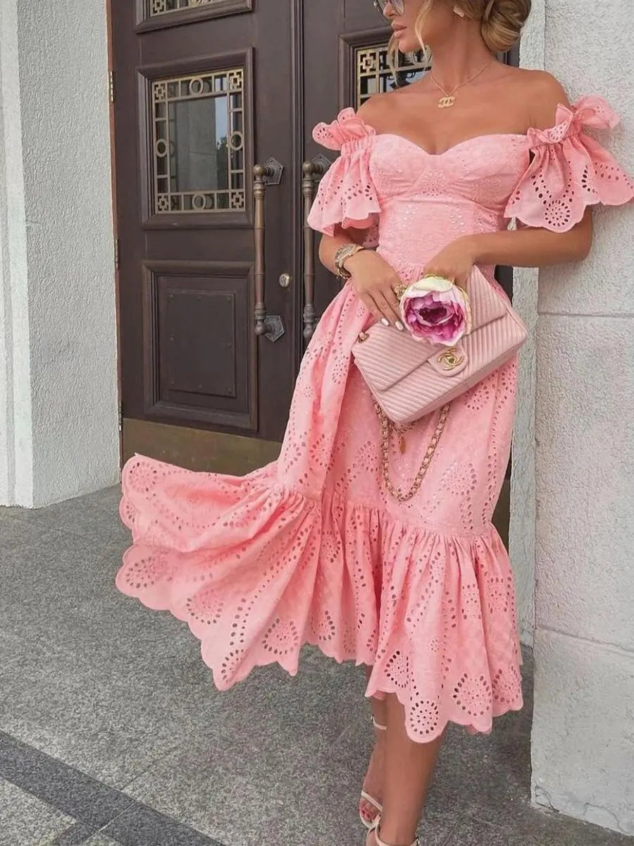 Women’s Off Shoulder Midi Dress – Elegant V-Neck A-Line Slim Fit Dress