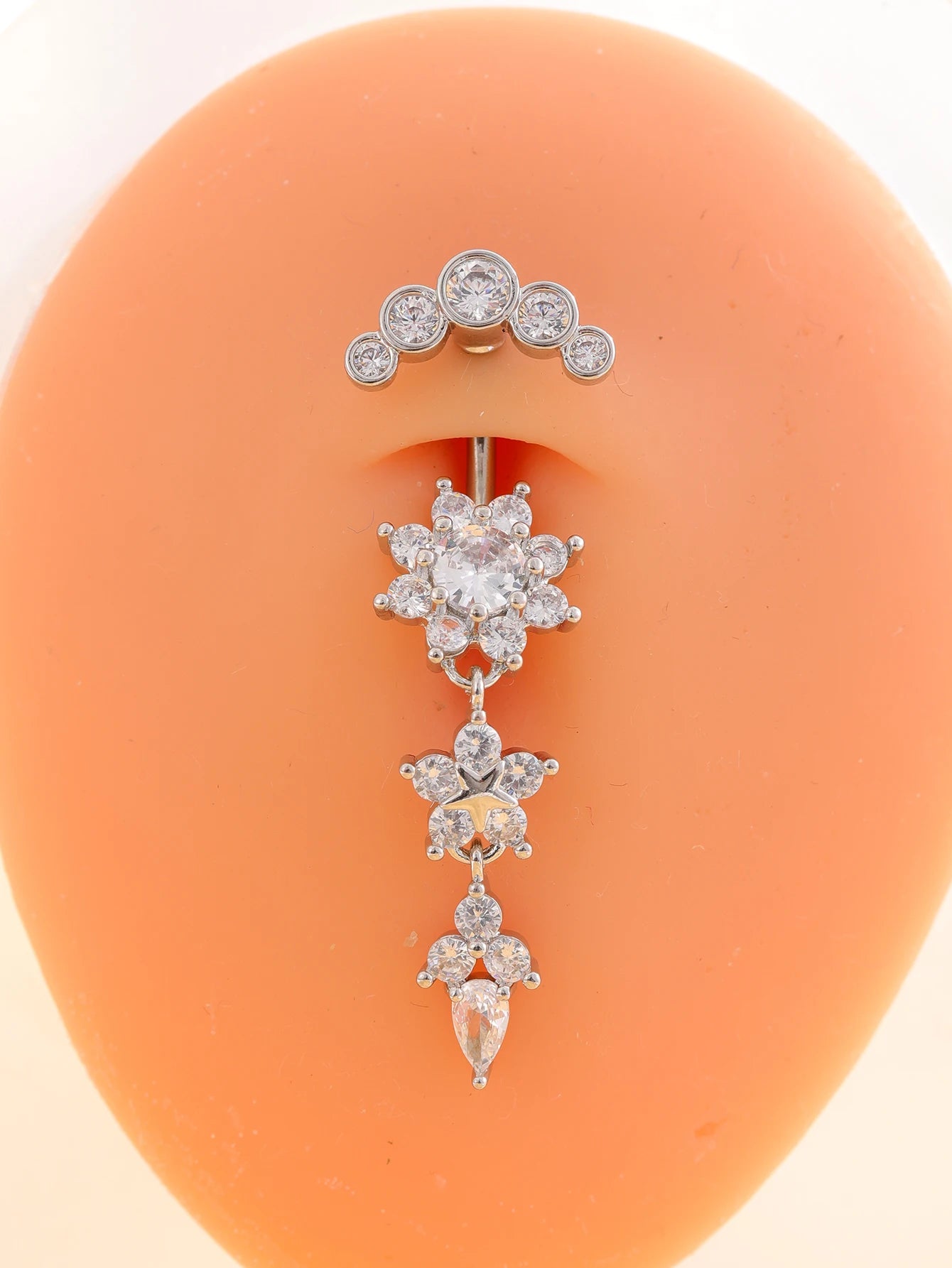 Women’s Gold Stainless Steel Belly Button – Long Dangle Flower CZ Crystal Navel Piercing Jewelry