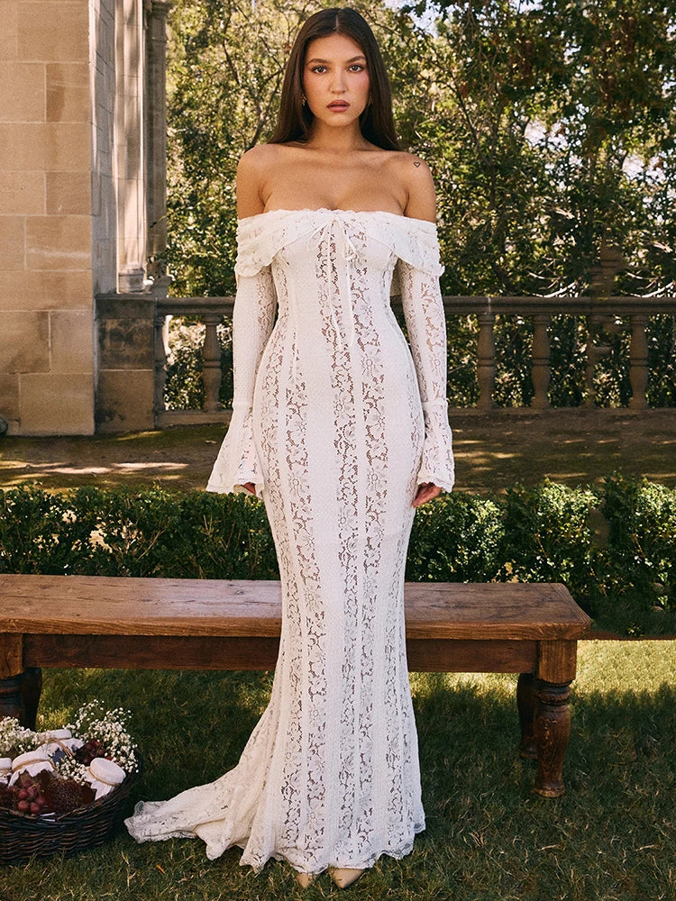 Women’s Floral Lace Off-Shoulder Maxi And Mini Dress – Strapless Backless Party Dress