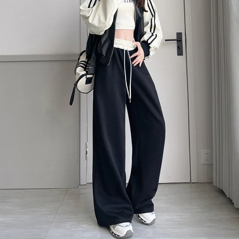 Women’s Contrast Color Drawstring Wide Leg Pants – Streetwear Loose Sport Bottoms