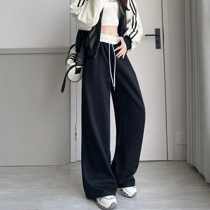Women’s Contrast Color Drawstring Wide Leg Pants – Streetwear Loose Sport Bottoms