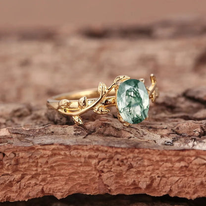 Women’s 925 Sterling Silver Moss Agate Oval Ring – Leaf Branch Cocktail Ring, Elegant Jewelry