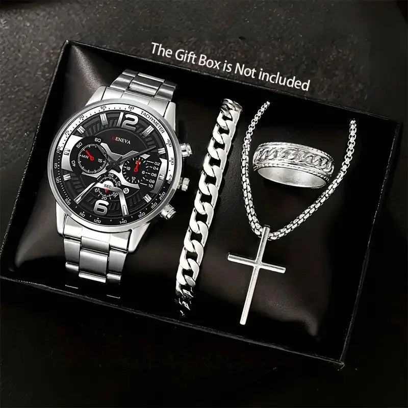 Men’s Luxury Quartz Watch Gift Jewelry Set – Gold Roman Calendar Wristwatch with Cross Necklace, Bracelet & Ring