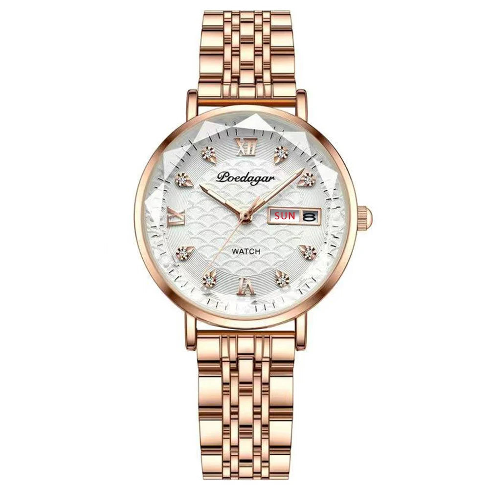 Women’s Luxury Stainless Steel Watch – Waterproof Wristwatch with Date & Week Display