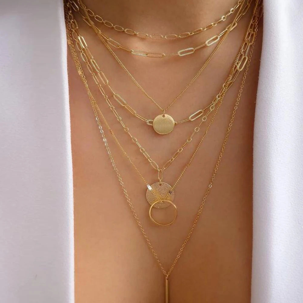 Women’s Jewelry Boho Layered Crystal Pendant Necklace | Vintage | Gold Tone | Trendy