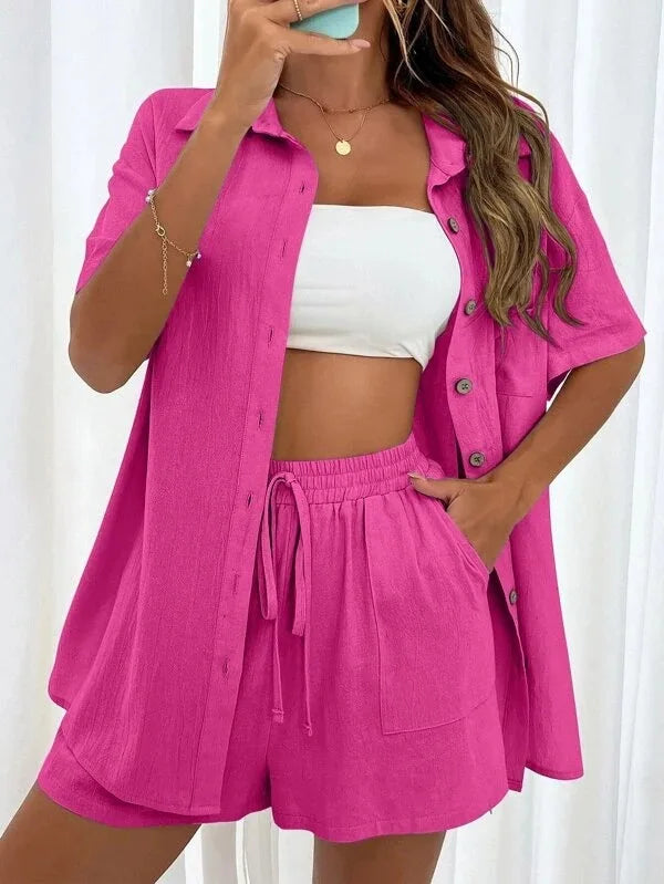Women’s Long Sleeve Single-Breasted Broad-Leg Casual Set | Sexy Solid Summer 2-Piece Outfit