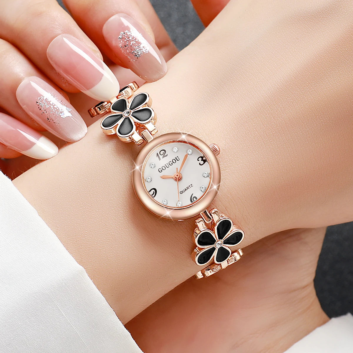Women’s Flower Strap Quartz Watch | Arabic Numerals | Diamond Look | Elegant