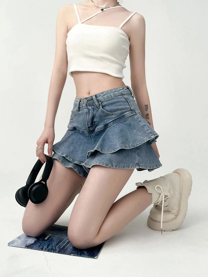 Women’s Spice Girls Denim Skirt Bottom – High-Waisted Stretch Slim A-Line Double Denim Cake Skirt