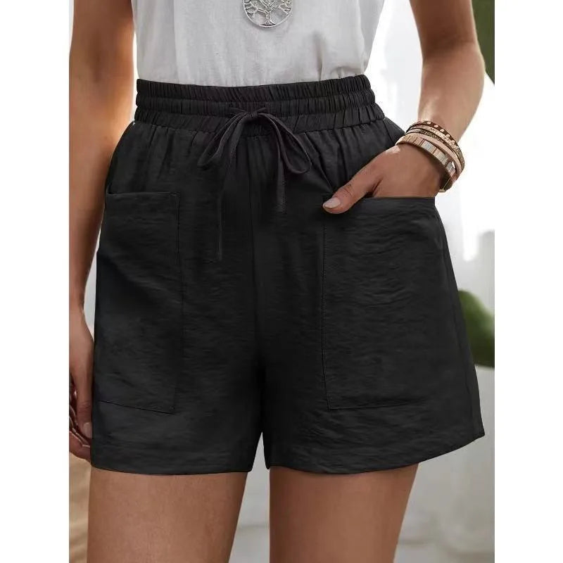 Women’s Loose Linen Shorts Bottom – High Waist Wide Leg Solid Color Casual Summer Bermuda with Pockets