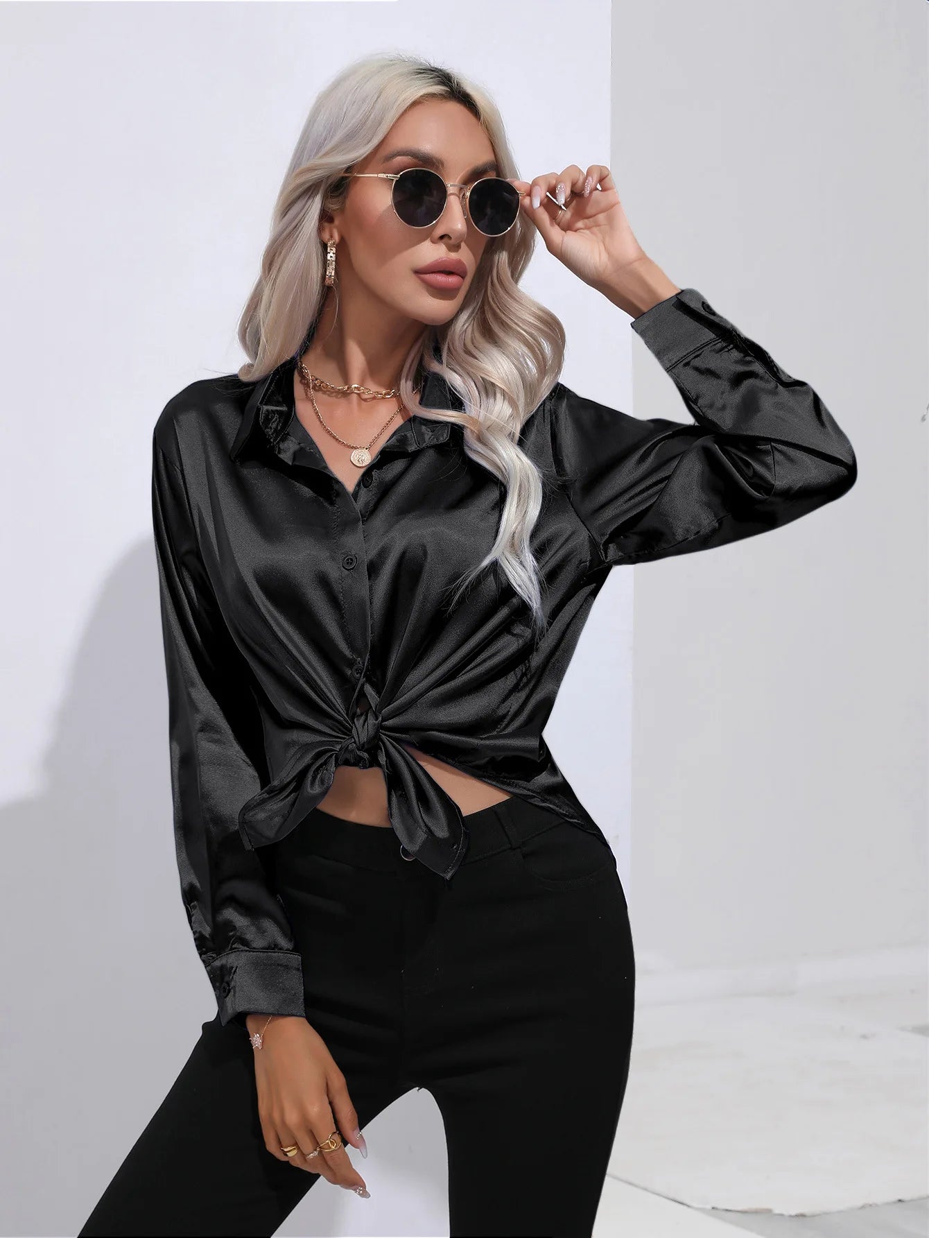 Women’s Satin Imitation Silk Shirt | Long Sleeve Lapel Office Top | Elegant Solid Blouse