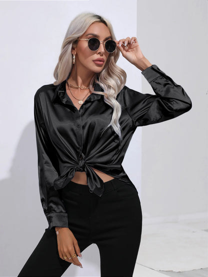 Women’s Satin Imitation Silk Shirt | Long Sleeve Lapel Office Top | Elegant Solid Blouse
