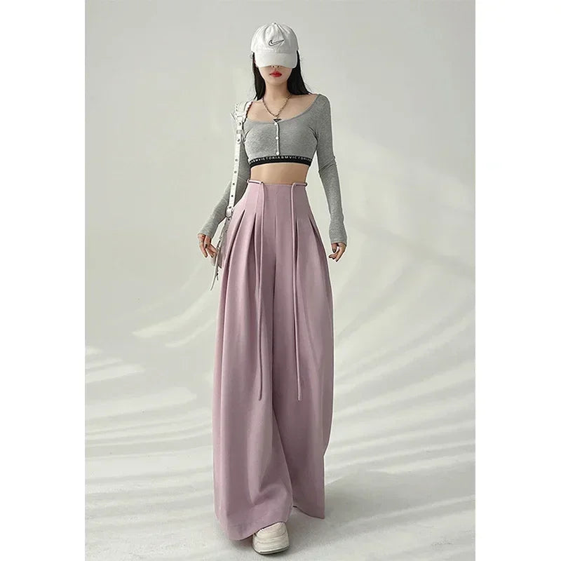 Women’s Streetwear Wide Leg Pants Bottom – Korean High Waist Lace-Up Suit Trousers, Elegant Black Summer Fashion