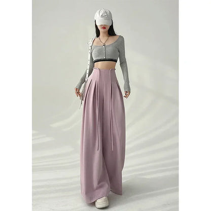 Women’s Streetwear Wide Leg Pants Bottom – Korean High Waist Lace-Up Suit Trousers, Elegant Black Summer Fashion