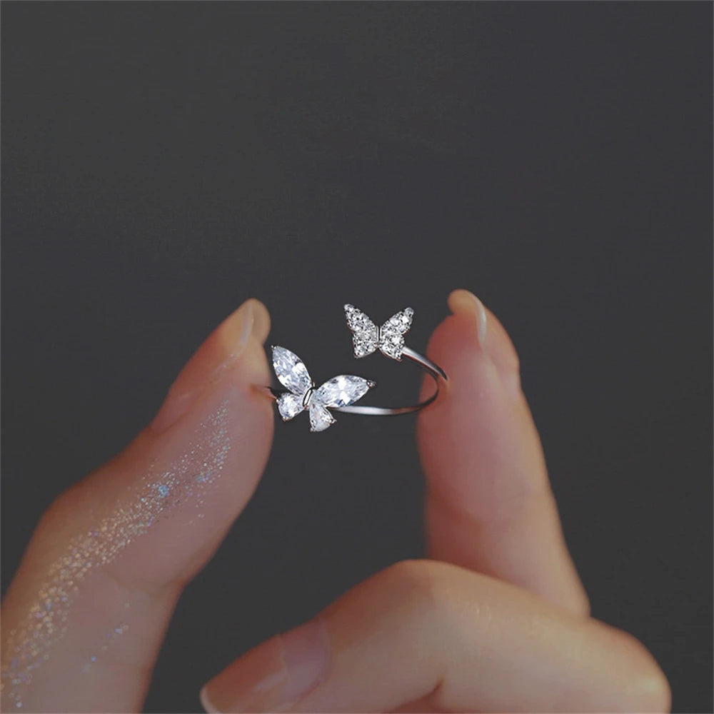 Women’s Adjustable Butterfly Ring – Silver Acrylic Crystal Zircon Kpop Jewelry