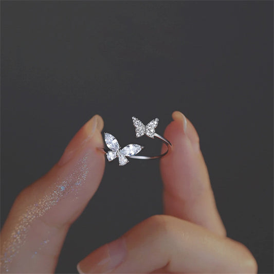 Women’s Adjustable Butterfly Ring – Silver Acrylic Crystal Zircon Kpop Jewelry