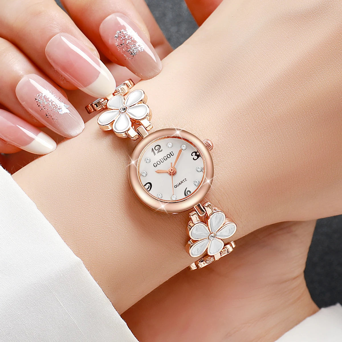 Women’s Flower Strap Quartz Watch | Arabic Numerals | Diamond Look | Elegant